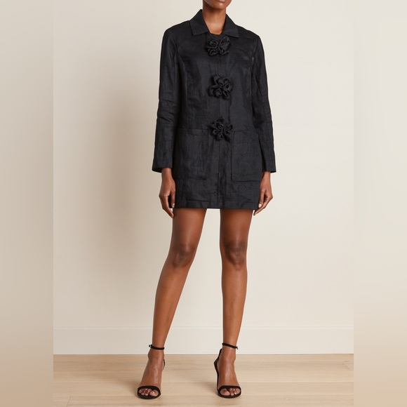 Anne Fontaine  Black Linen Mini Coat Dress with Floral Appliqué Closures - Picture 1 of 11